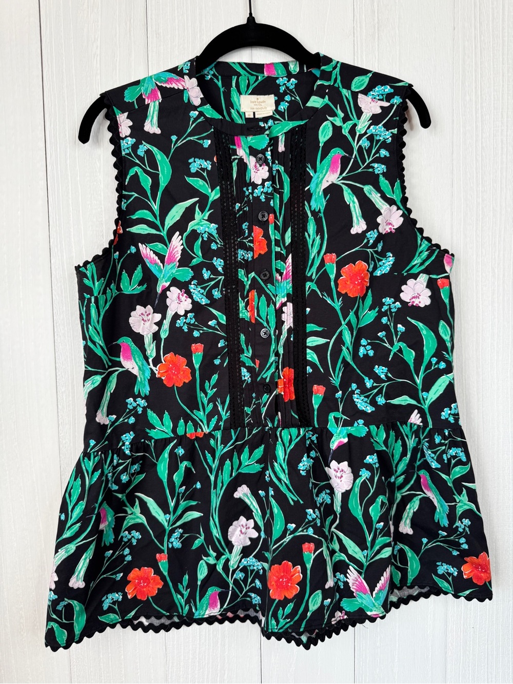 Kate Spade Black Jardin Poplin Scalloped Floral Bird Top M